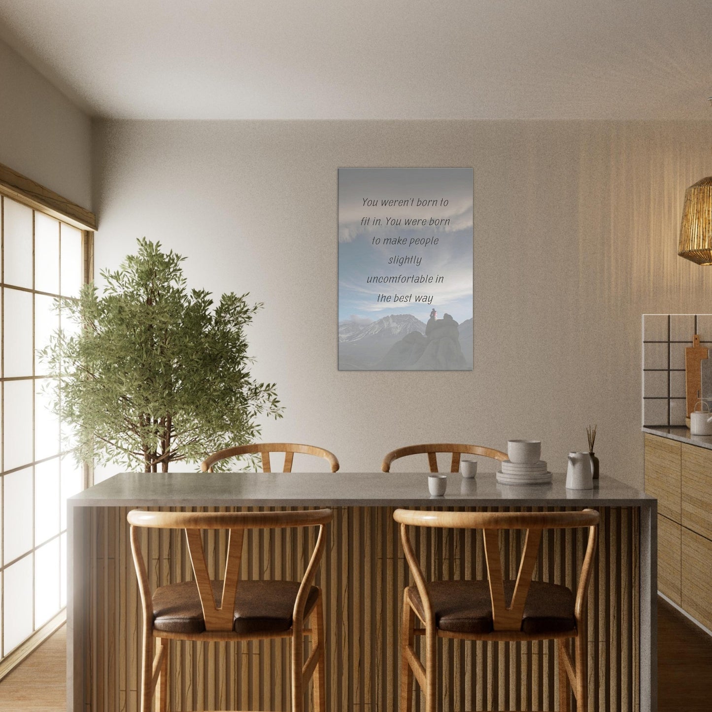 Bold canvas art with mountain landscape and empowering quote celebrating uniqueness and authenticity

